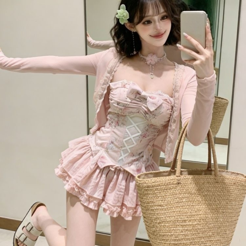 Ensemble jupe 3 pièces style Y2K japonais Kawaii pour femme, tenue vintage Harajuku des années 2000, ensemble chic Lolita avec dentelle, nœud et manches longues