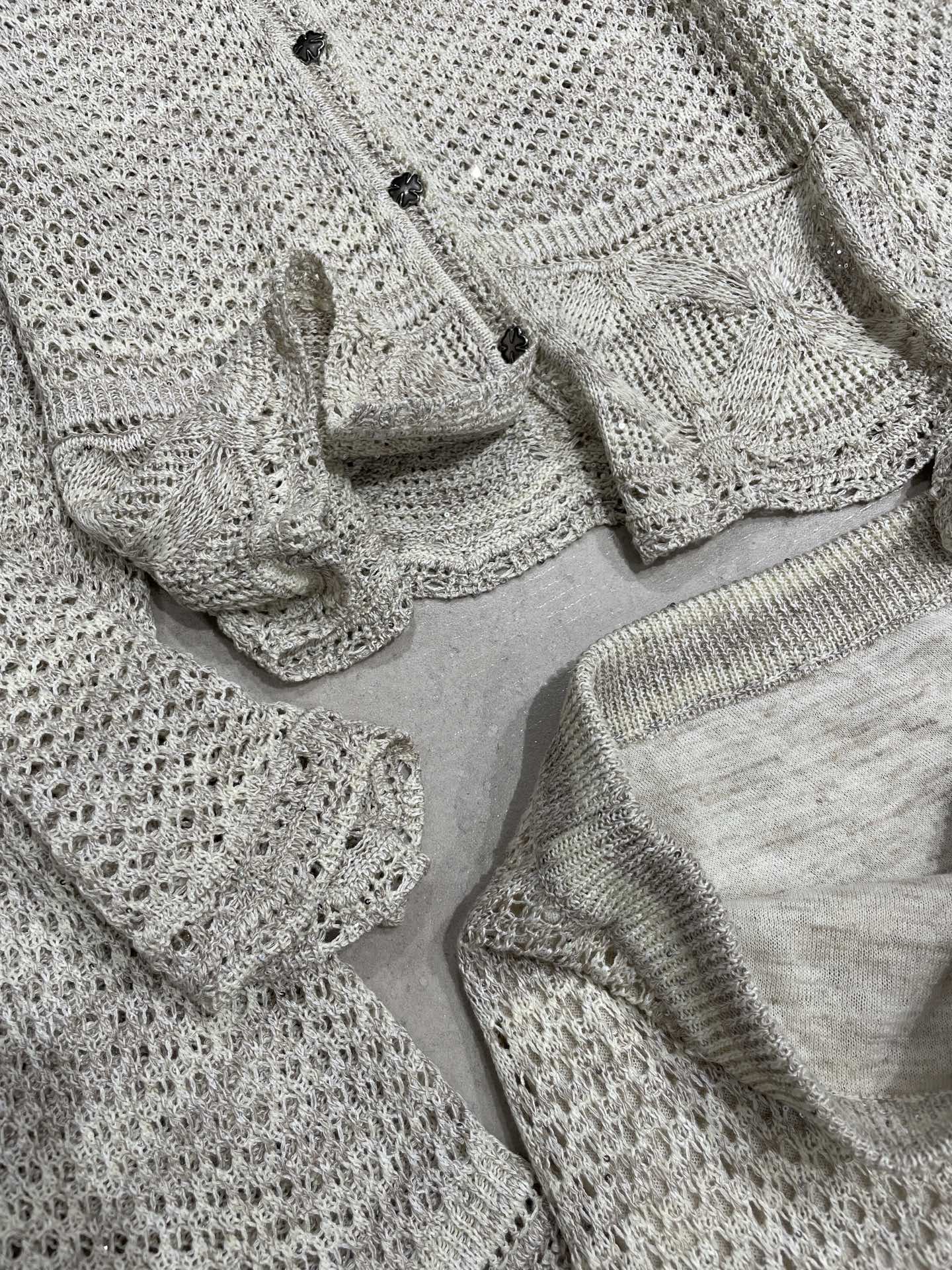 Ensemble d'été pour femme : Cardigan en coton-lin jacquard à sequins ajouré + Haut à manches courtes + Jupe