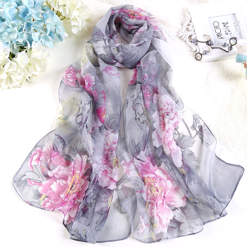Mode chaude été en mousseline de soie Georgette écharpe perroquet pivoine imprimer femmes Foulard Long châle et enveloppement Bandana élégant mince 50*160 cm M163