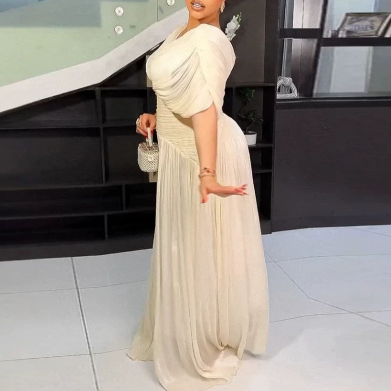 Robe longue décontractée pour femme, col en V, taille haute, drapée, dos nu, plissée, manches chauve-souris, couleur unie, Printemps 2026, Été