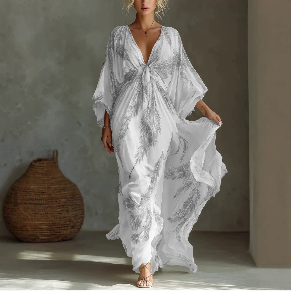 Robe longue à imprimé plumes pour femmes, col en V profond, manches trois-quarts, taille nouée sur le devant, ourlet fluide, robe longue bohème pour les vacances