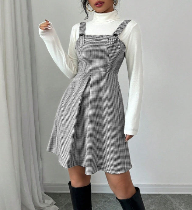 Robe salopette vintage pied-de-poule pour femme, taille haute, coupe trapèze, mini-robe sans manches avec bretelles boutonnées réglables