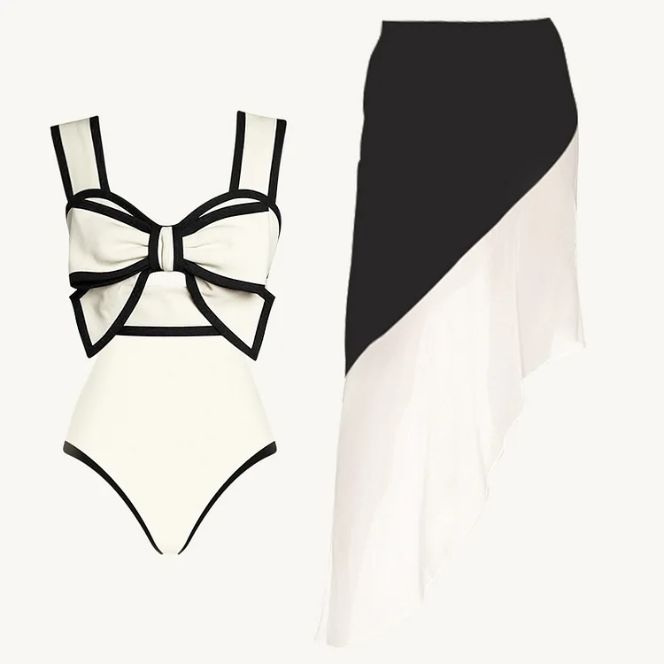 Maillot de bain une pièce noir et blanc pour femme, ensemble bikini, col rabattu, coupe slim, dos ouvert, nœud, design, jupe à pois