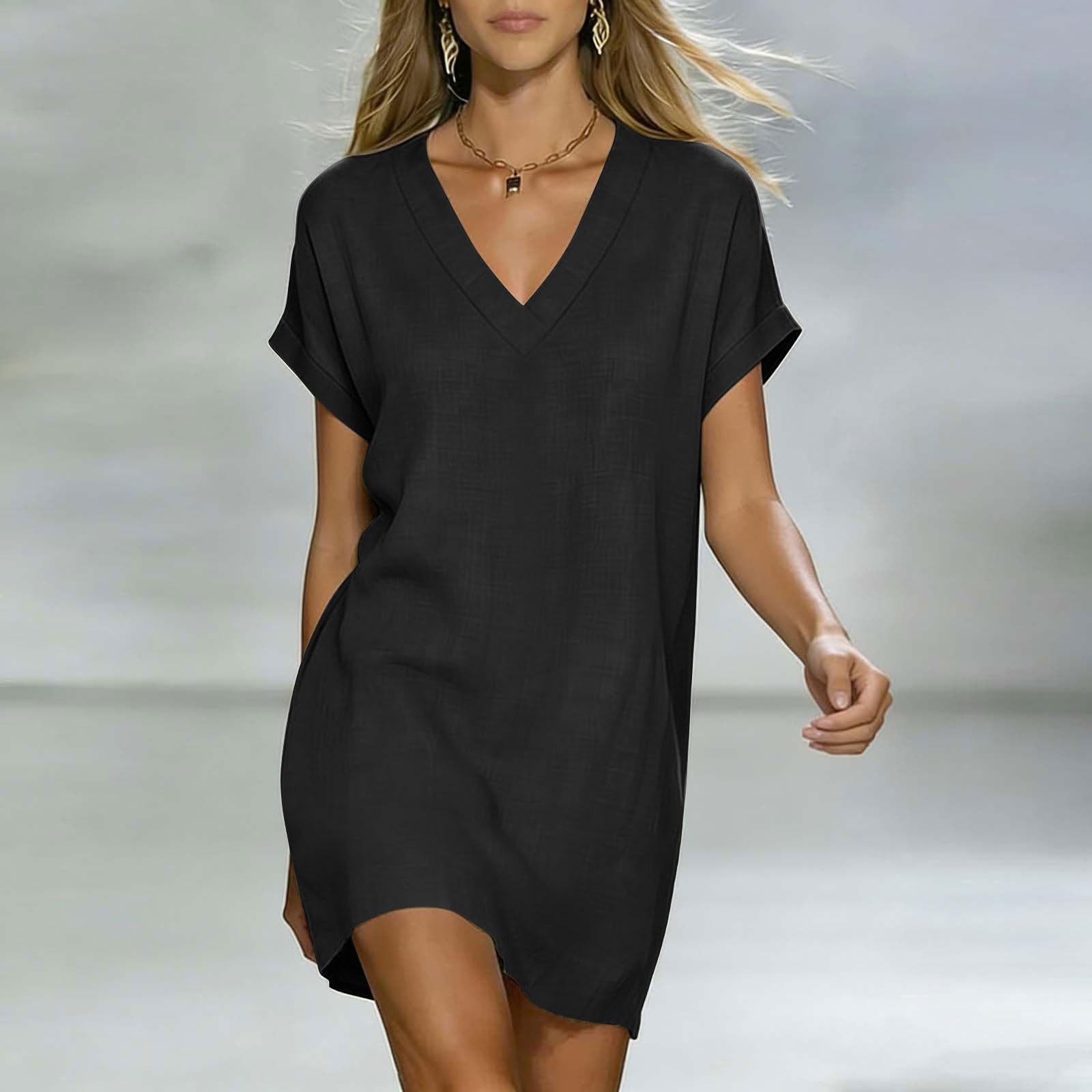 Robes d'été tendance pour femmes 2026 – Robes décontractées en coton et lin à manches courtes, col en V, style t-shirt ample, pour la plage