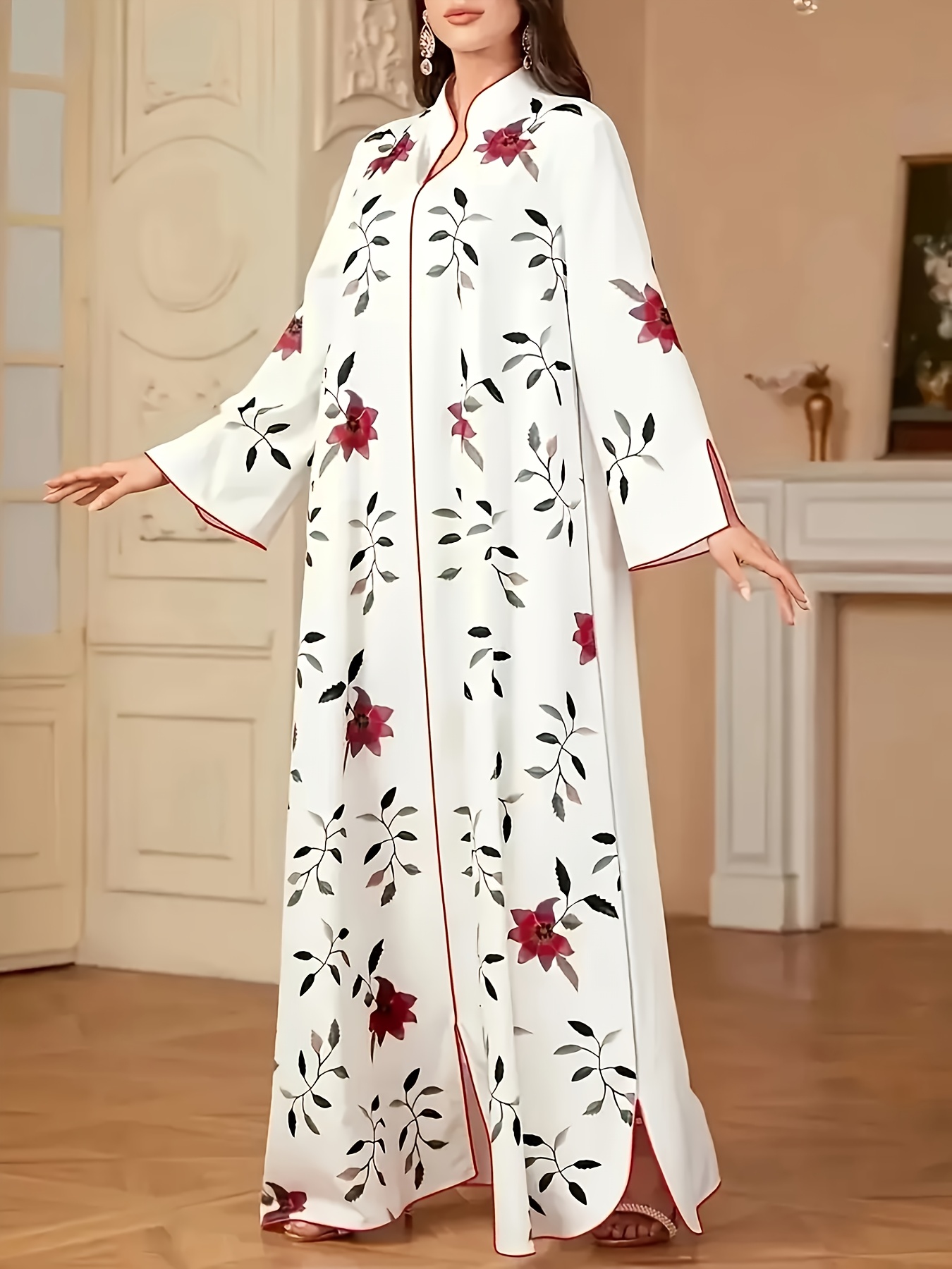 Jupe longue élégante pour femme, style musulman, imprimé Ramadan Aïd, col en V, manches longues, coupe ample, avec fente à l'ourlet