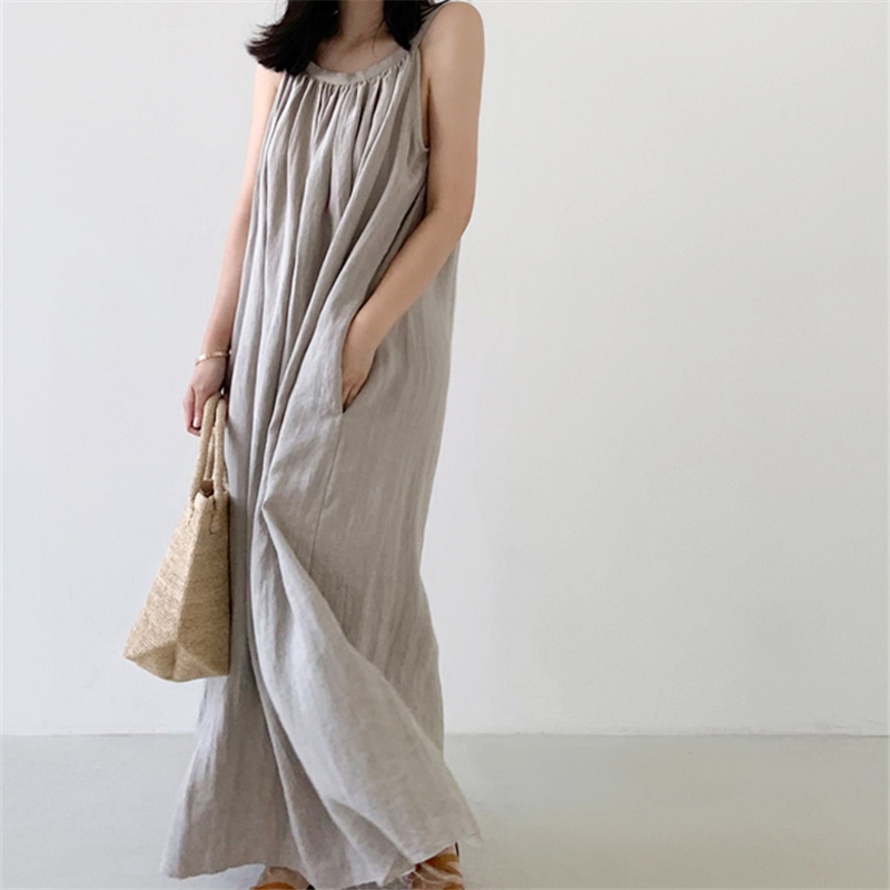 REALEFT-Robe Longue en Coton et Lin Précieux pour Femme, Vintage, Col Rond, Sans Bretelles, Nouvelle Collection Été 2024