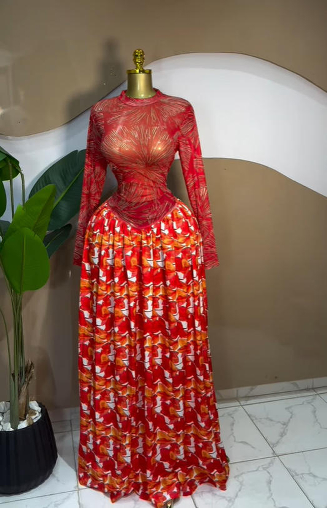 Robe longue élégante pour femme, mode automne, imprimée, en maille patchwork, manches longues, moulante, plissée, sexy, pour anniversaire, soirée ou fête.