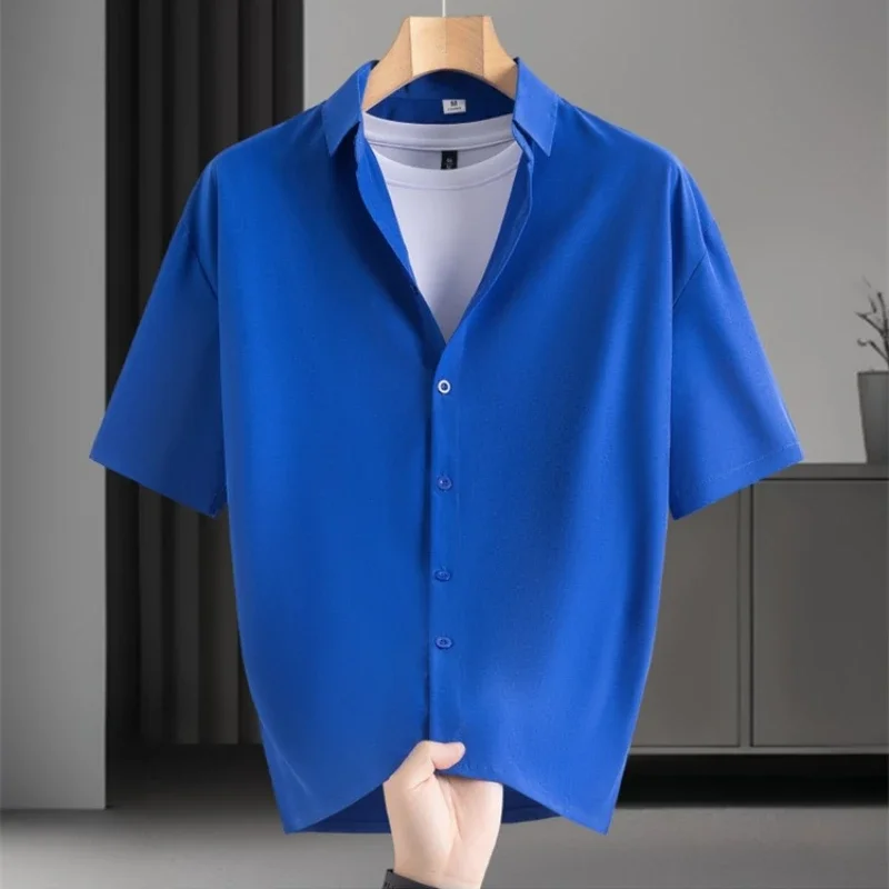 Chemises d'affaires haut de gamme pour hommes, couleur unie, manches courtes, en soie glacée, pour l'été, sans repassage, confortables et polyvalentes