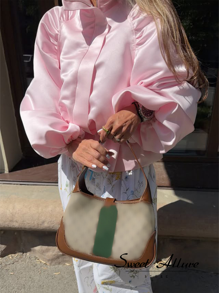 Veste rose en satin plissé avec cordon de serrage à la taille, col montant, manches longues, coupe ample pour femme – Nouvelle mode automne, tenues quotidiennes
