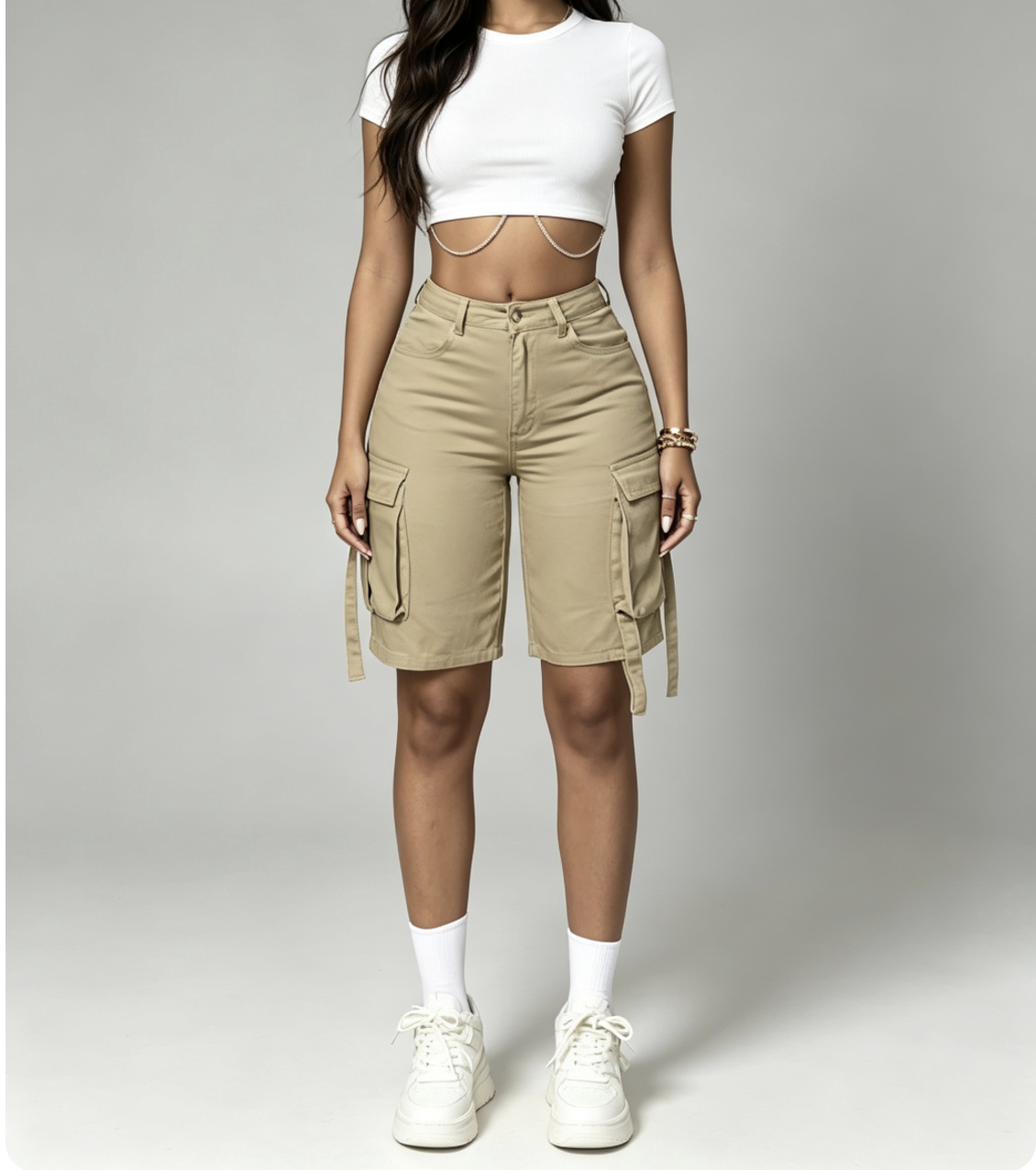 Shorts cargo kaki pour femmes, taille haute, longueur bermuda, multi-poches, streetwear, décontractés, utilitaires, avec poches à rabat