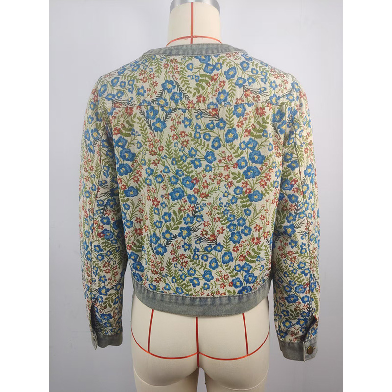 Benuynffy – Nouvelle veste en jean rétro jacquard à manches longues pour femme, col rond, simple boutonnage, décontractée, courte, collection Printemps 2026