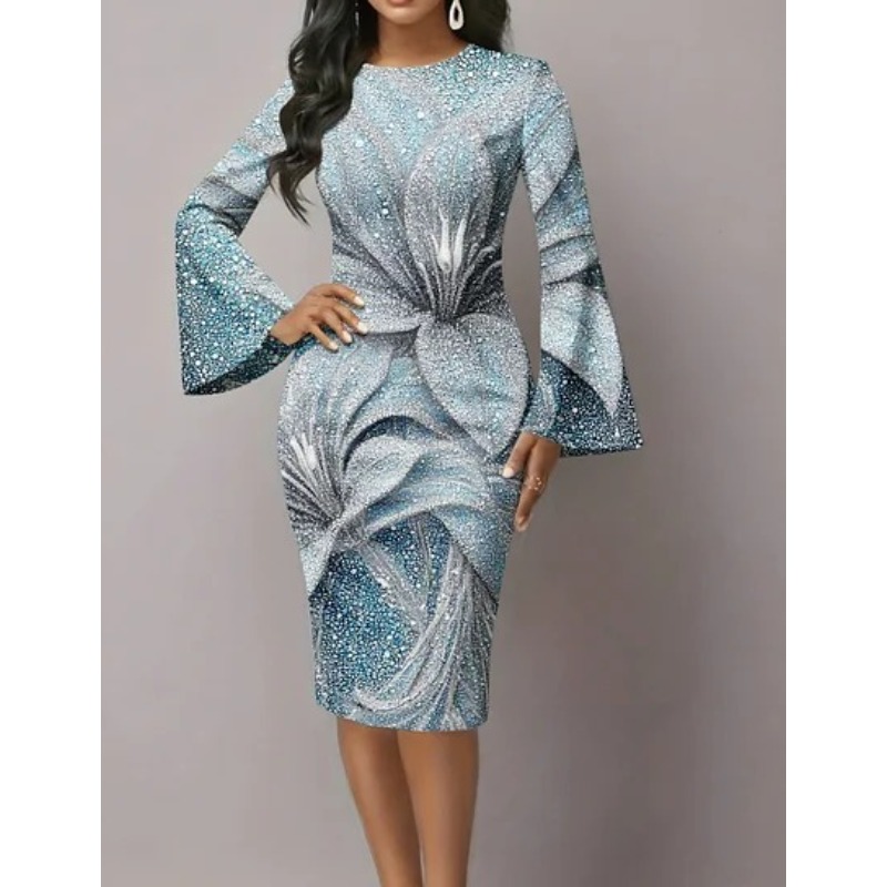 Robe élégante pour soirée, robe moulante mi-longue à imprimé graphique noir et blanc avec manches évasées spectaculaires, robe moderne pour soirée en ville