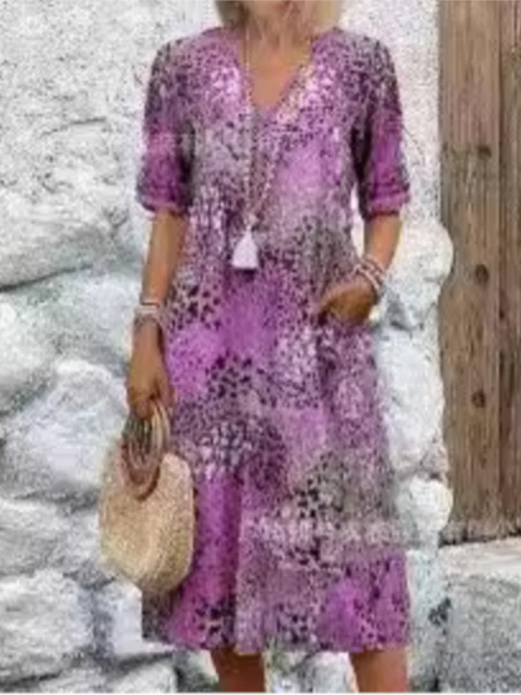 Robes vintage mi-longues à dentelle pour femmes, style bohème moderne, imprimé floral, robe longue décontractée à manches courtes et col en V, robe femme