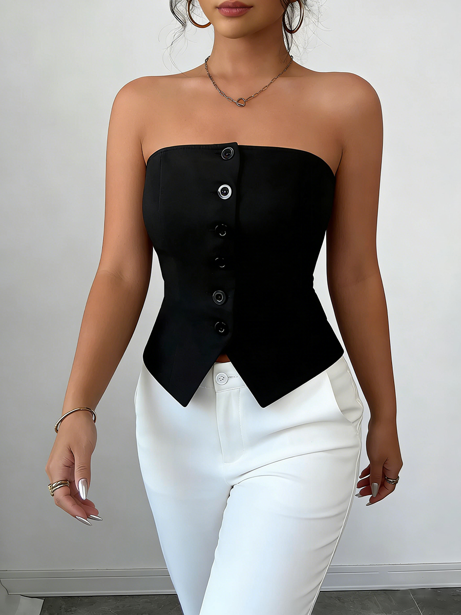 Haut corset pour femme sans bretelles, avec détails boutonnés, ourlet asymétrique, coupe ajustée et lisse, sexy, chic, extensible, pour le printemps, l'été et les soirées