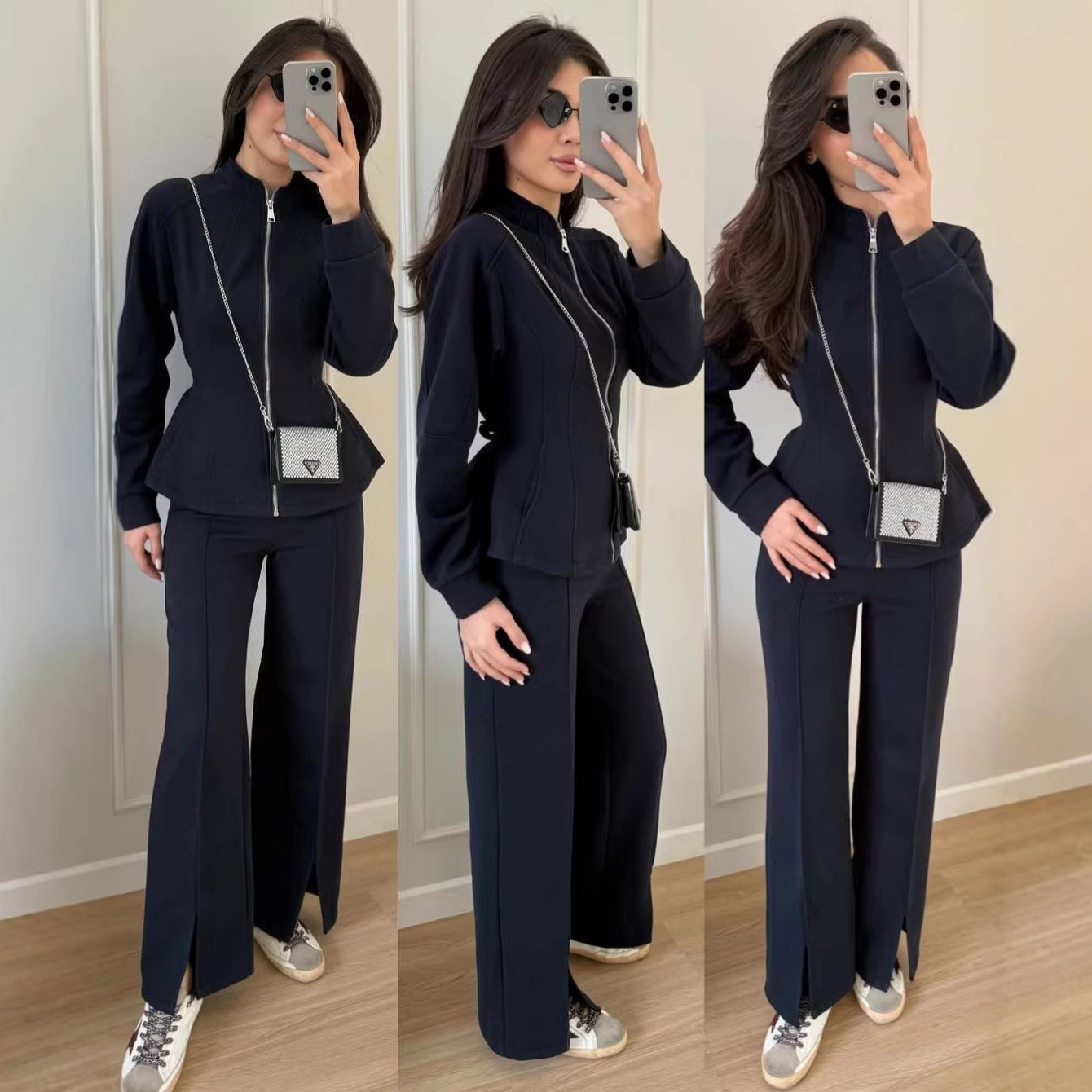 Ensemble de survêtement 2 pièces pour femme : veste à col montant zippée et pantalon fendu – Collection Printemps 2026