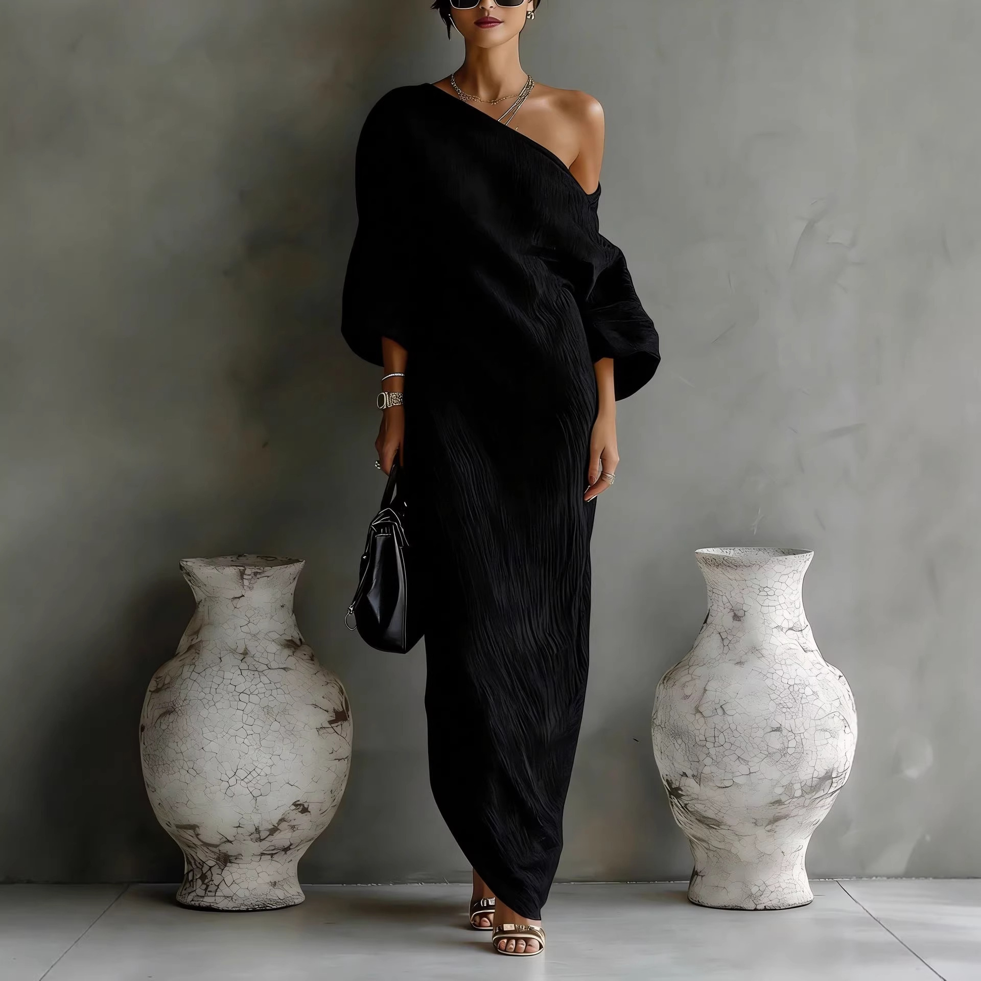 Robes pour femmes Printemps/Été 2026 Nouvelle Collection Haut de Gamme Robe Longue à Manches Longues Épaules Dénudées Taille Mi-Haute Vêtements Féminins Vestidos