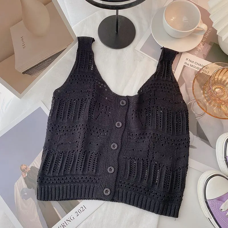 Haut en tricot crocheté pour femmes, vêtements de plage Boho, haut court en fibre à boutons sur le devant, tenue de printemps et d'été pour femmes