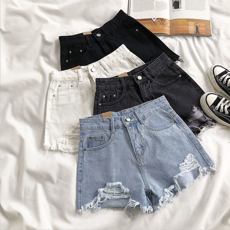Short en jean déchiré taille haute pour femme, mode coréenne d'été, jean décontracté, poche, pompon, pantalon chaud, streetwear, bleu, fjk, Y2K