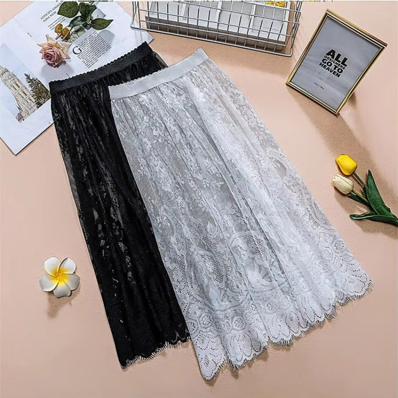Jupe longue élégante noire en dentelle blanche transparente, jupe longue en tulle, jupe midi de plage à taille haute élastique pour femmes, livraison directe
