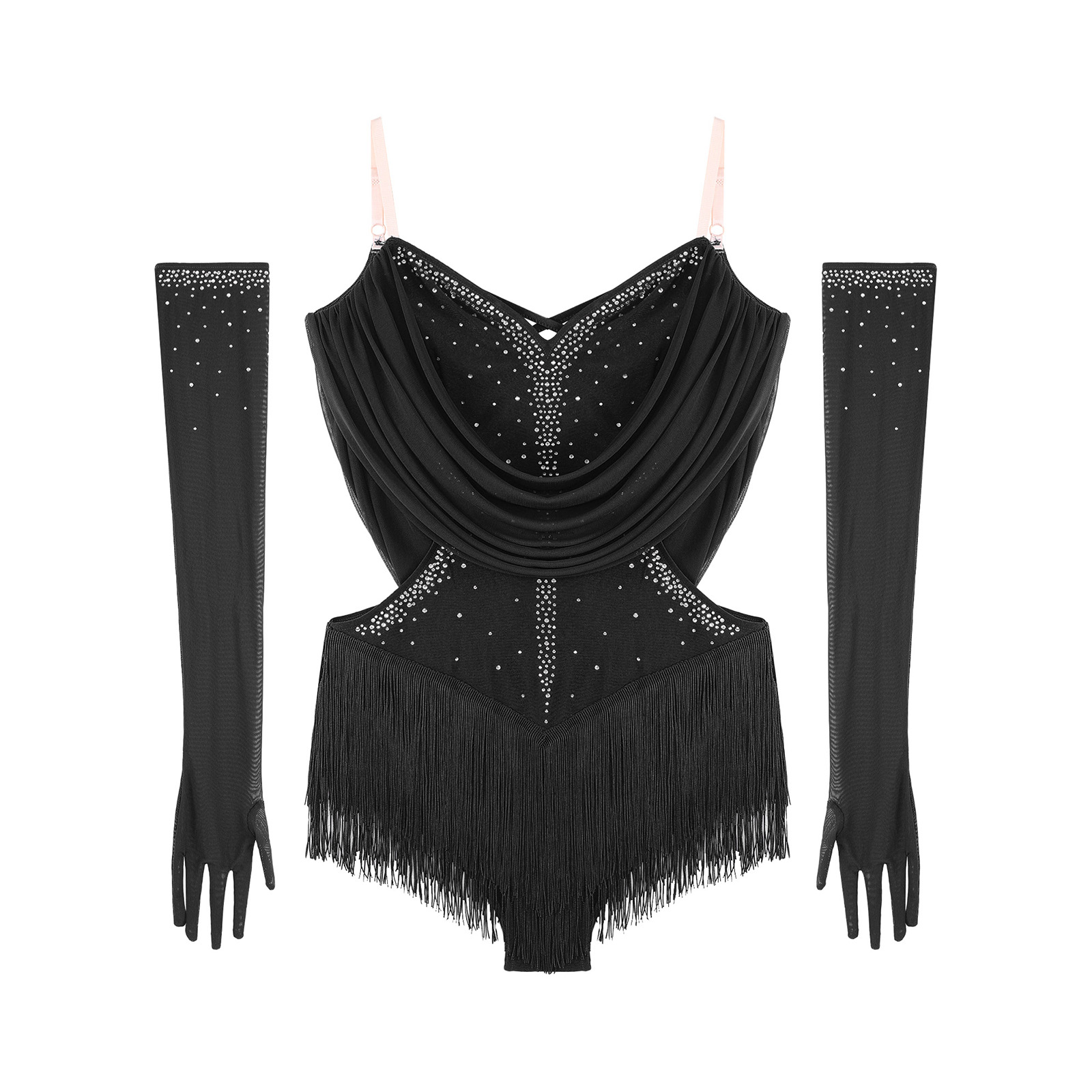 Robe de danse latine pour femmes, patinage artistique, Cha-cha, Samba, Rumba, Tango, Costume de danse de salon, Body sans manches à strass et découpes