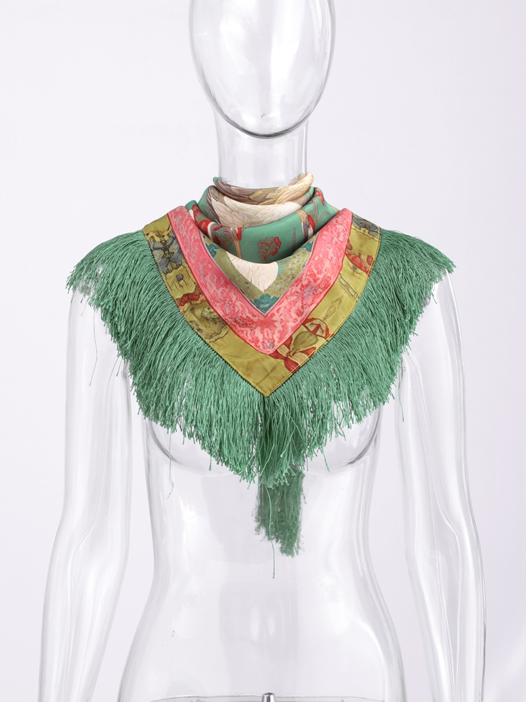 Écharpe carrée vintage imprimée à franges et patchwork pour femme, vert, mode décontractée, style urbain, collection printemps 2026