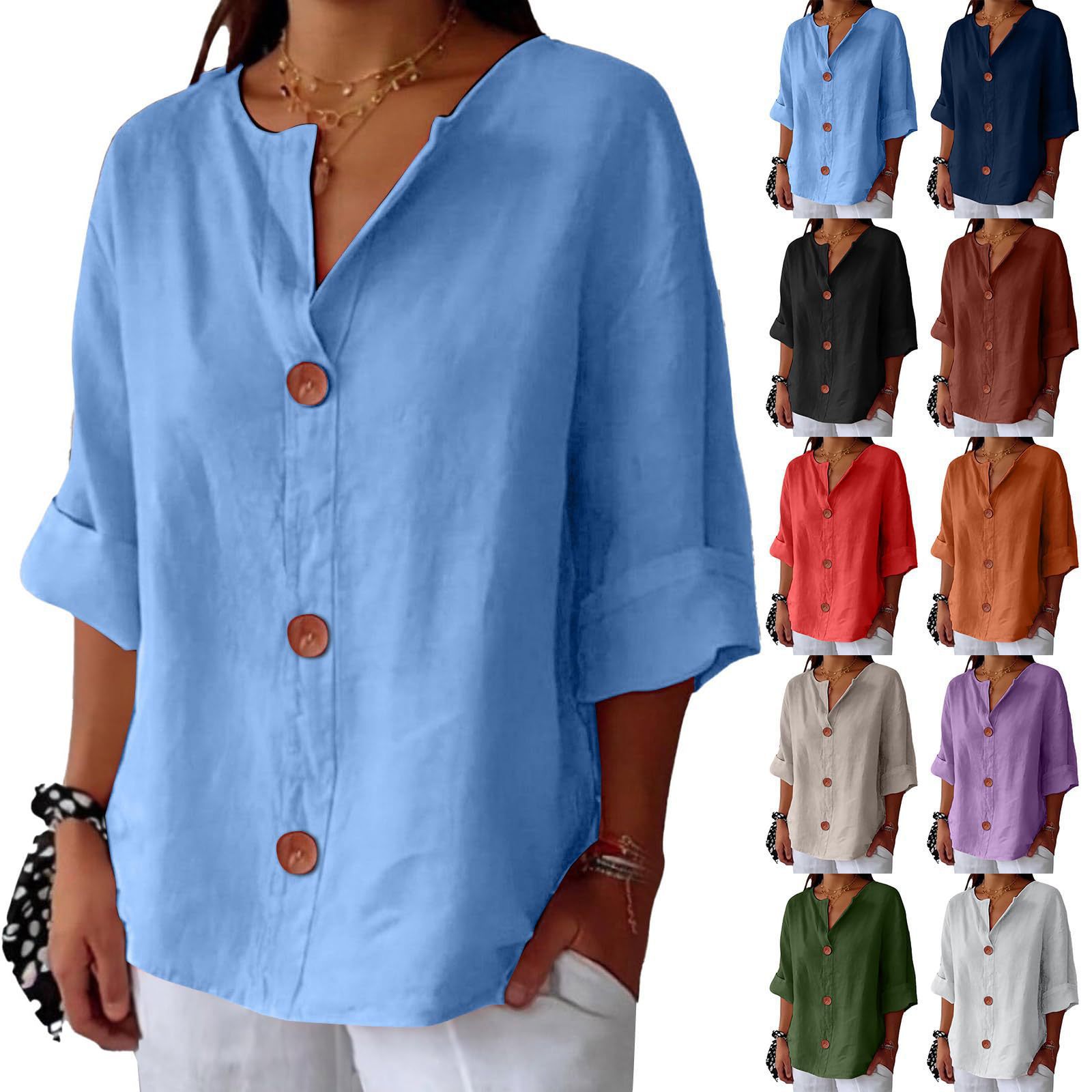 Chemisier décontracté pour femme 2026, nouvelle collection printemps-été, t-shirt ample en coton et lin à col en V, chemise boutonnée, vêtements pour femme