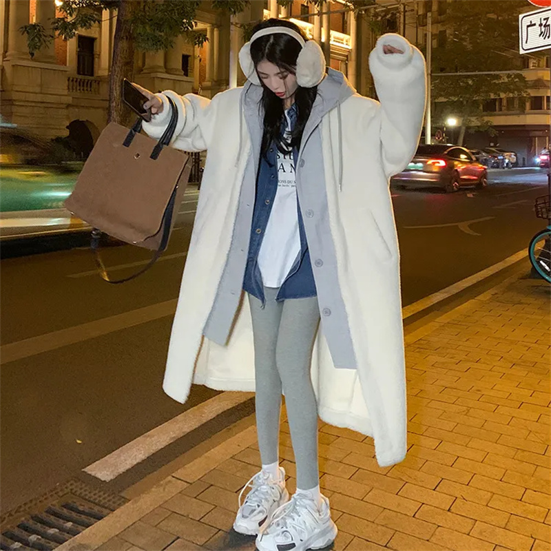 Manteau à capuche en laine d'agneau pour femmes, veste mi-longue, pardessus décontracté, mode coréenne, automne, hiver, nouveau