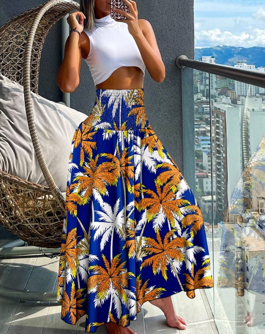 Jupe longue pour femme à taille haute et élastique, style bohème, imprimé géométrique, fluide, maxi, pour l'été et la plage