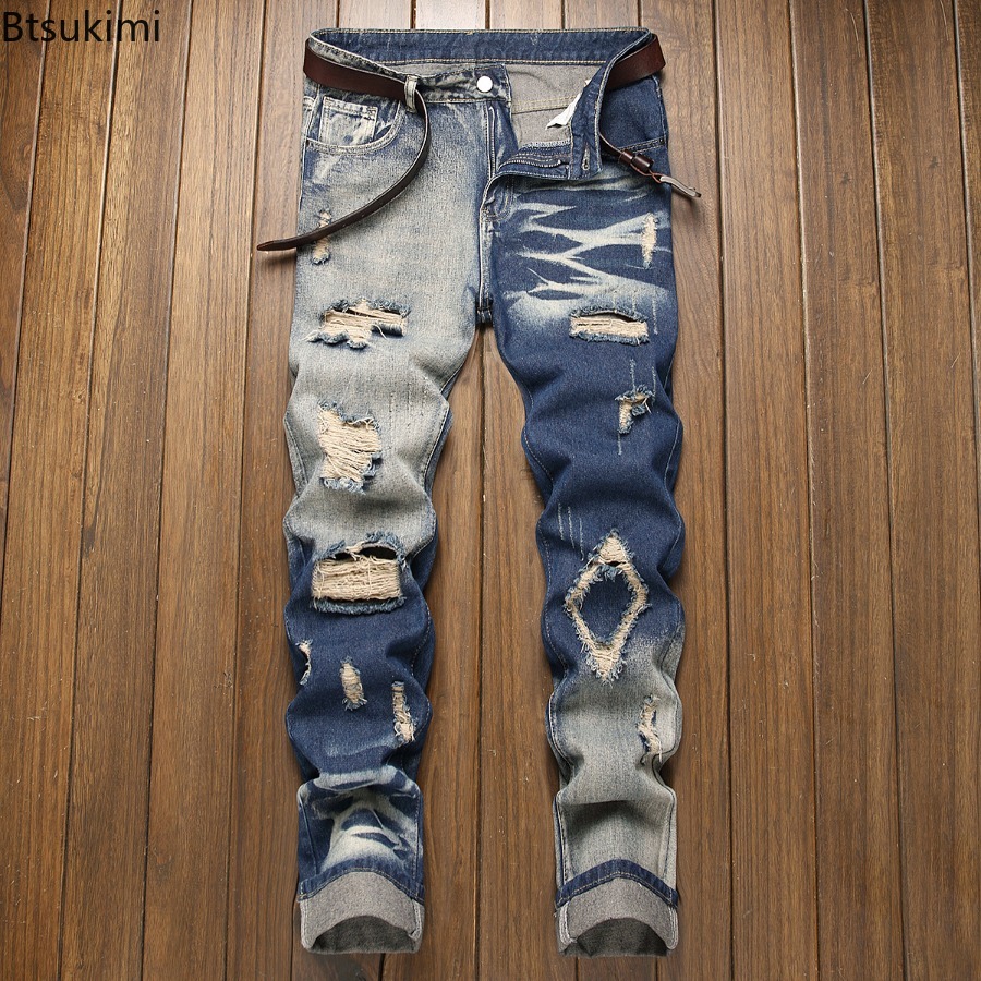 Nouveau jean rétro homme déchiré jambe droite pantalon déchiré jean à la mode pantalons décontractés pantalon homme vêtements de rue