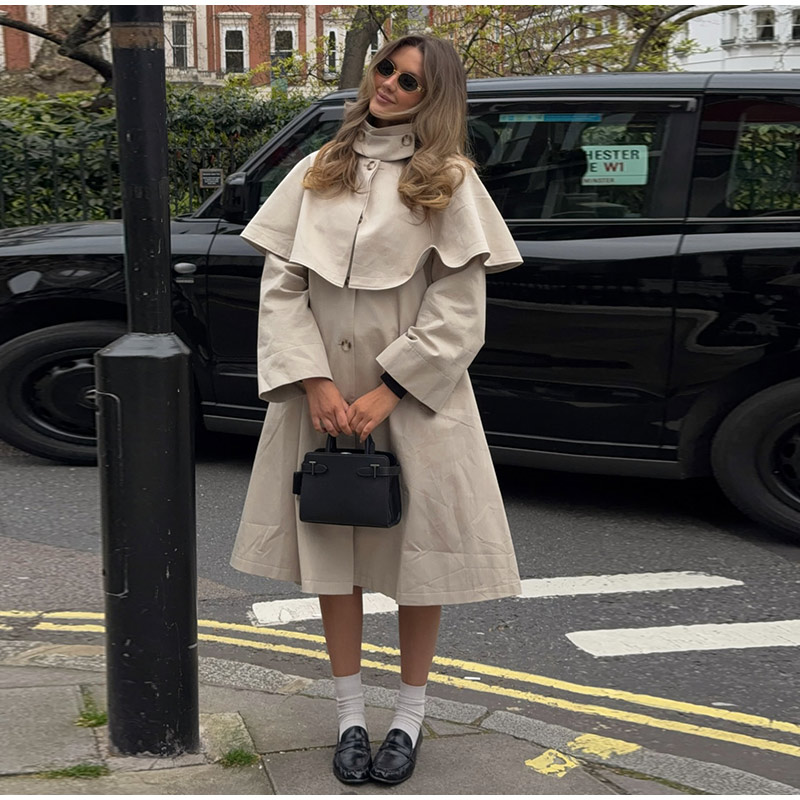 Manteau Trench pour Femme à Col Montant Amovible, Longueur Midi, Coupe Décontractée, Simple Boutonnage, Poches Latérales