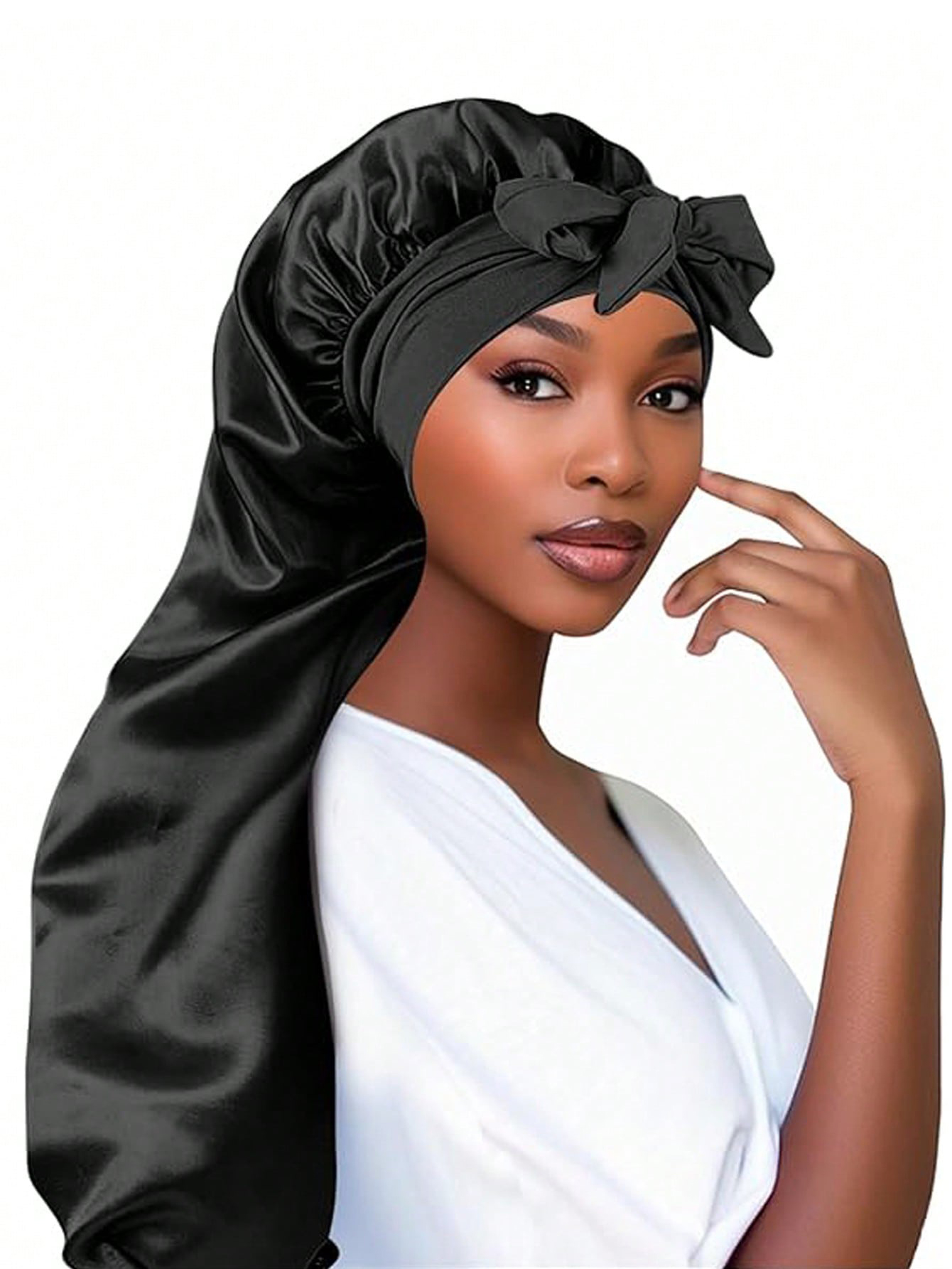 Bonnet de nuit long et ample en satin élastique pour femme avec ruban, respirant, turban, couvre-chef de sommeil, bandanas