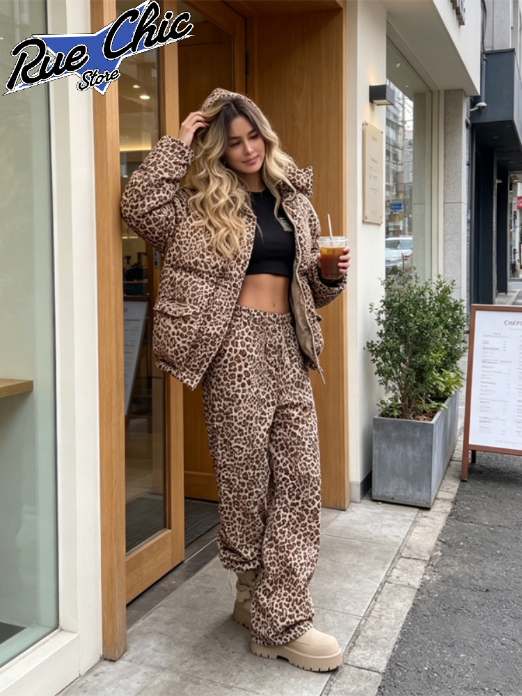 Ensemble en deux pièces pour femmes : veste en coton à imprimé léopard, manteau ample à capuche avec fermeture éclair, pantalon long à taille élastique, tenue d’hiver chaude et élégante.