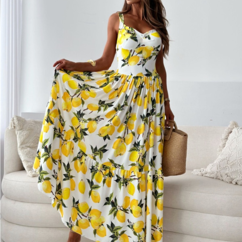 Robe longue d'été élégante pour femme, imprimé citron, à bretelles, pour la plage, les vacances, les soirées et les fêtes