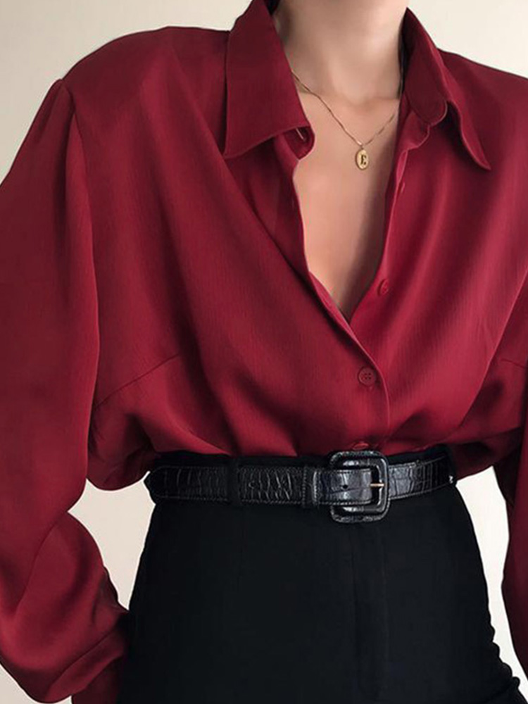 Chemises boutonnées à col rabattu pour femmes, chemisiers décontractés à manches longues pour femmes de bureau, chemise baggy pour avocat, rouge vin et noir