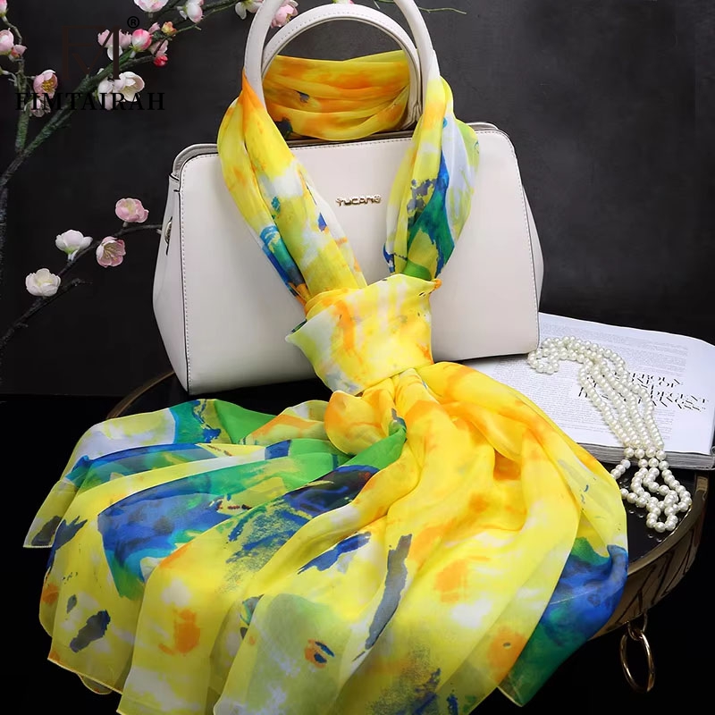 Foulard en soie imprimé jaune pour femme, châle long, doux et élégant, mode printemps automne hiver et été, 100%