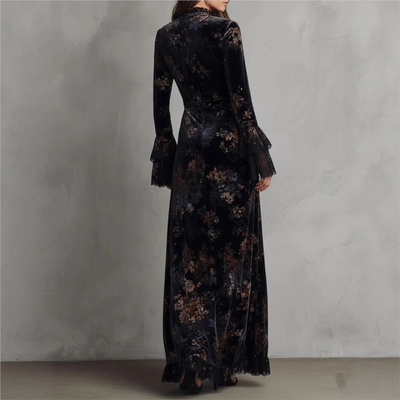 Robe vintage pour femmes en velours à imprimé floral, élégante, à col mi-haut, manches longues, bordure en dentelle, robe moulante, robe maxi décontractée et tendance.
