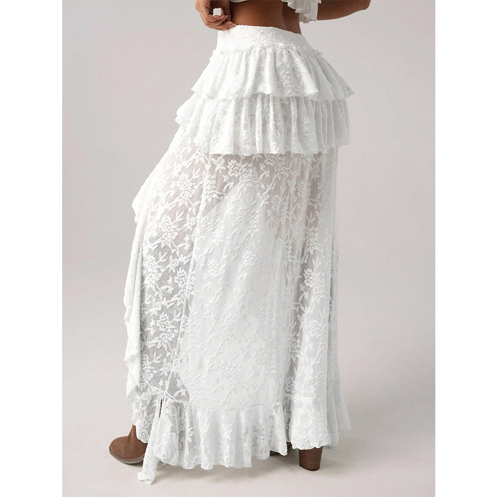 Femmes Vintage Sexy jupes ourlet irrégulier multi-couches volants dentelle Patchwork doux dame Boho maille transparente Maxi jupes Streetwear
