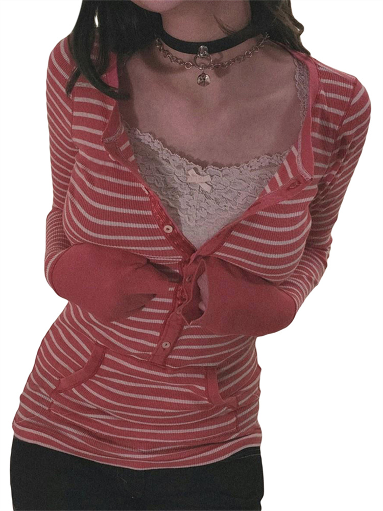T-shirt en tricot rayé à manches longues pour femmes, chemises à col boutonné, esthétique des années 2000, grunge gothique décontracté, Y2K, automne