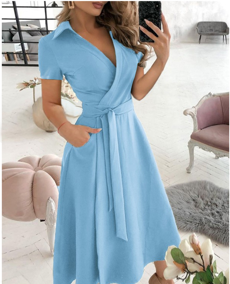 Robe mi-longue à manches courtes pour femmes, col en V, avec ceinture à nouer soi-même et poches latérales, pour tenue décontractée, de soirée ou de fête