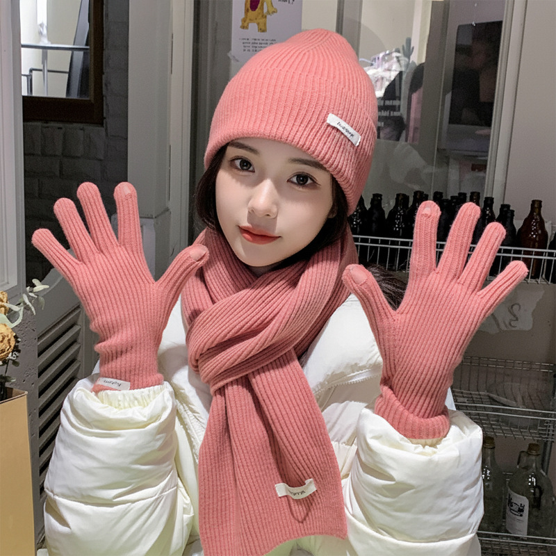 Hiver laine tricoté chapeau écharpe femmes écharpe gants ensemble confortable doux décontracté cachemire chaud chapeau en plein air coupe-vent casquette d'équitation ensemble