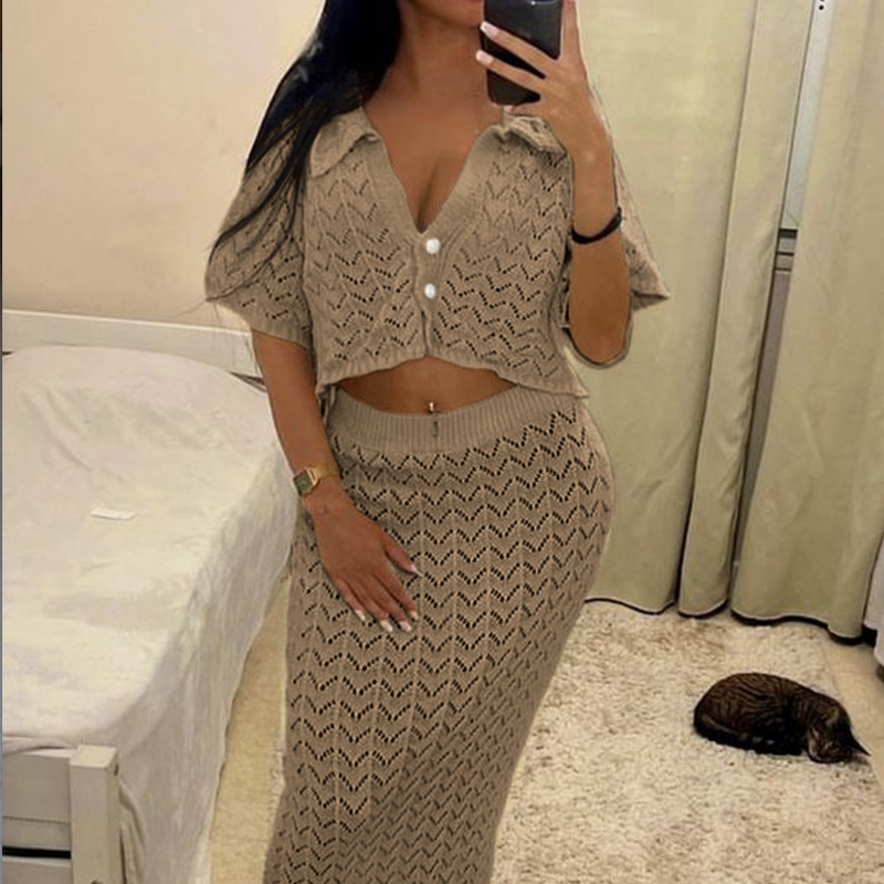 Femmes nouveau Style 2 pièces vêtements de plage couvrir couleur unie tricoté tenues ensemble vacances plage évider crème solaire haut jupe costume