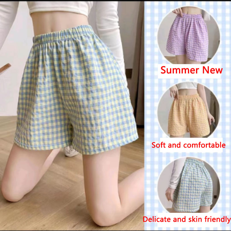 Shorts d'été pour femmes, taille haute, amincissants, à jambes larges, style sport décontracté, amples, à carreaux, type pyjama