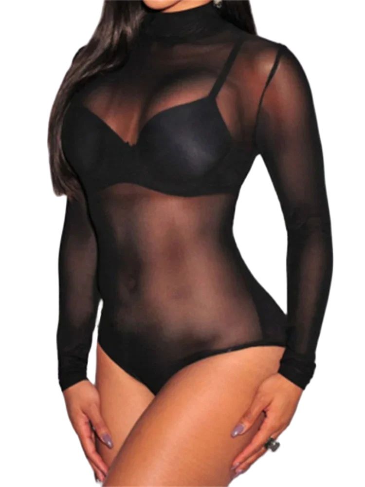 Body en maille pour femmes, manches longues, col montant, moulant, transparent, Vintage, Sexy, Clubwear, été, automne