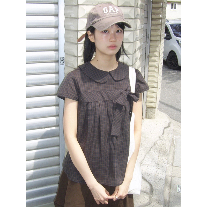 Chemises à carreaux Vintage pour femmes, chemisiers japonais à col Peter Pan avec nœud Harajuku, esthétique coréenne d'été, manches courtes, hauts décontractés, nouveau