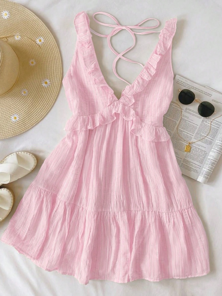 Robe Courte Texturée Femme à Bretelles Fines, Col en V, Rose Uni, Semi-Élégante, Sexy, Décontractée, avec Volants et Nœud au Dos pour l'Été