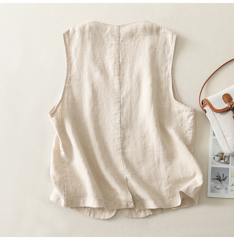 Gilet en coton et lin pour femmes, été, kaki, noir, beige, avec fente, basique, uni, élégant, col en V, sans manches, veste, cardigan, haut