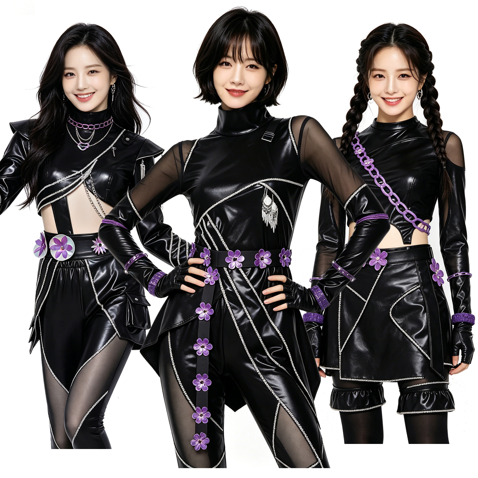Tenues Kpop pour femmes, ensemble en cuir PU noir et violet, style Y2K cyberpunk streetwear, sexy, patchwork en mesh, costume de performance de danse jazz