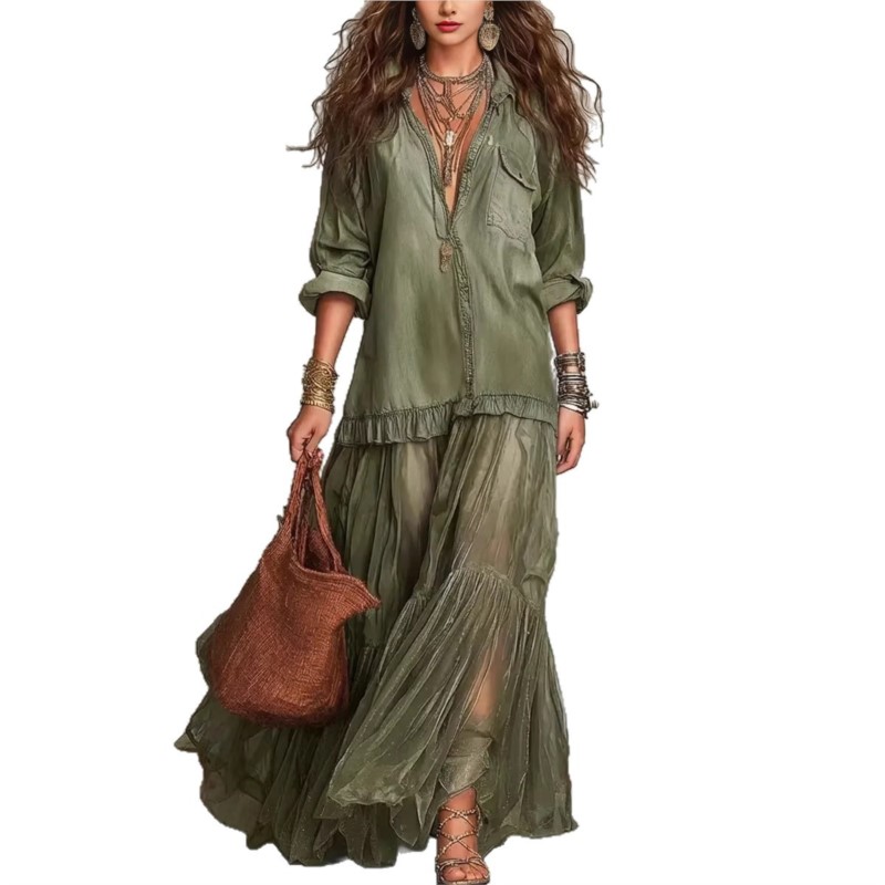 Nouvelle Robe Longue Décontractée et Élégante pour Femme en Imitation Jean avec Empiècements en Maille, Manches Longues, Col en V et Ourlet en Organza, Fermeture Simple Boutonnage, Collection Automne