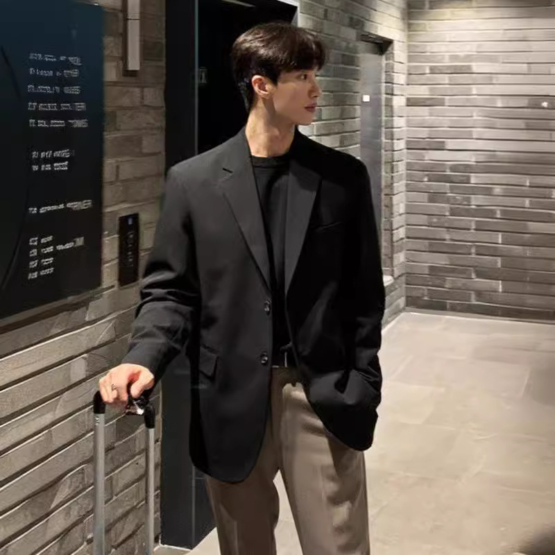 Blazer KIDWHXR pour homme, style coréen, couleur unie, col rabattu, veste décontractée ample à simple boutonnage, manches longues, manteau de costume pour homme