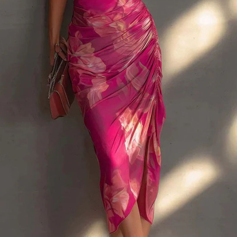 Robe longue plissée sans manches pour femme, style bohème à imprimé floral, dos nu, fendue, sexy, à nouer, ajourée, pour le printemps et l'été, idéale pour les soirées